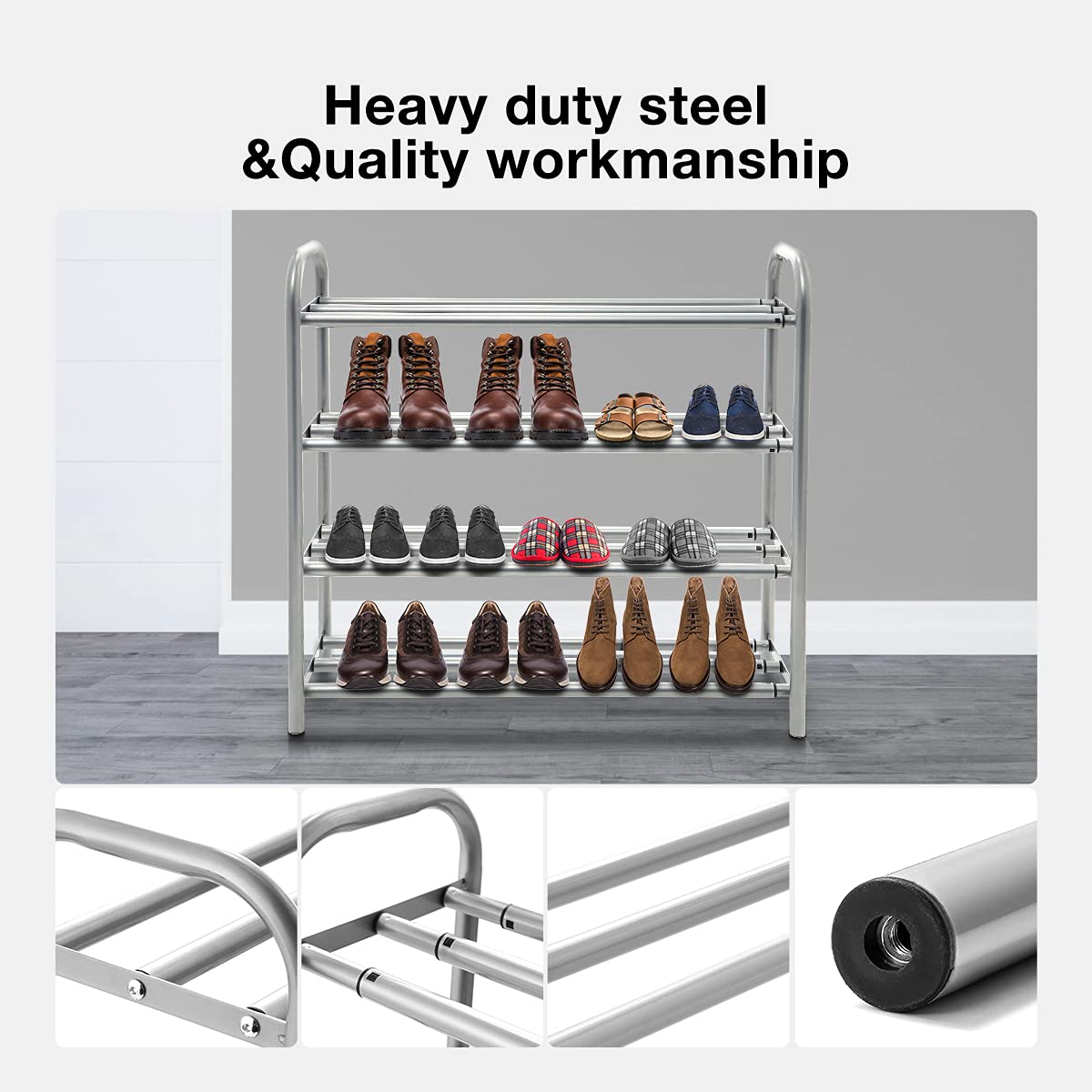 Gurkkst 4 Tier Extendable Shoe Rack Organiser Strong and Durable Heavy Duty Metal Footwear Storage Rack Holds 20+ Pairs (60-100) x 22,5 x 61,5 cm