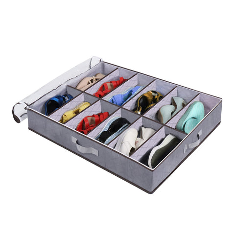Nwvuop 2 Pack Under Bed Shoe Storage Organiser Box with Clear Lid Foldable Under Bed Shoes Bag, Fits 24 Pairs Grey