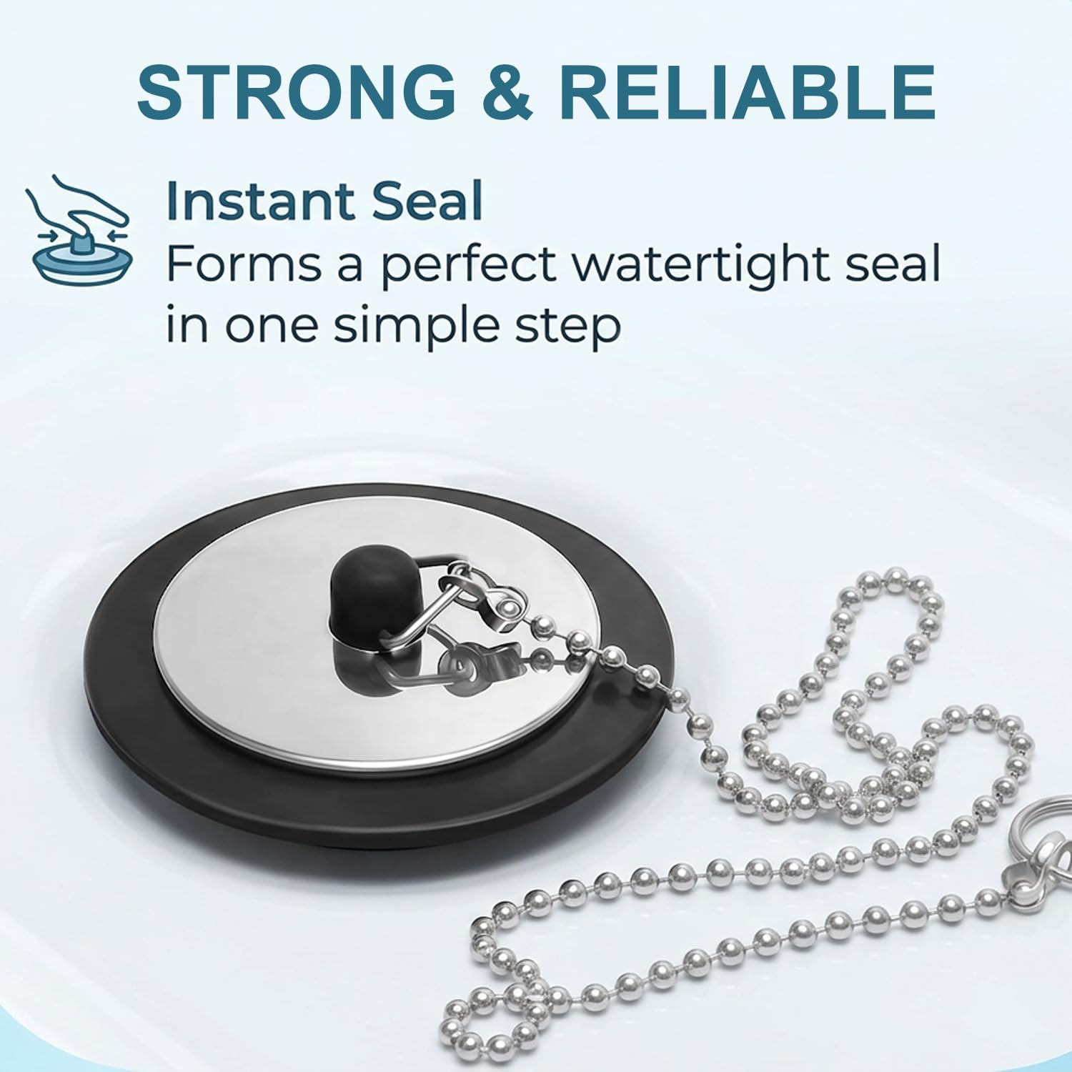 2 Pack Sink Plug, 43mm Universal Bath Plug with 40cm Stainless Steel Chain, Rubber Drain Stopper for Bathroom Kitchen Laundry Sink