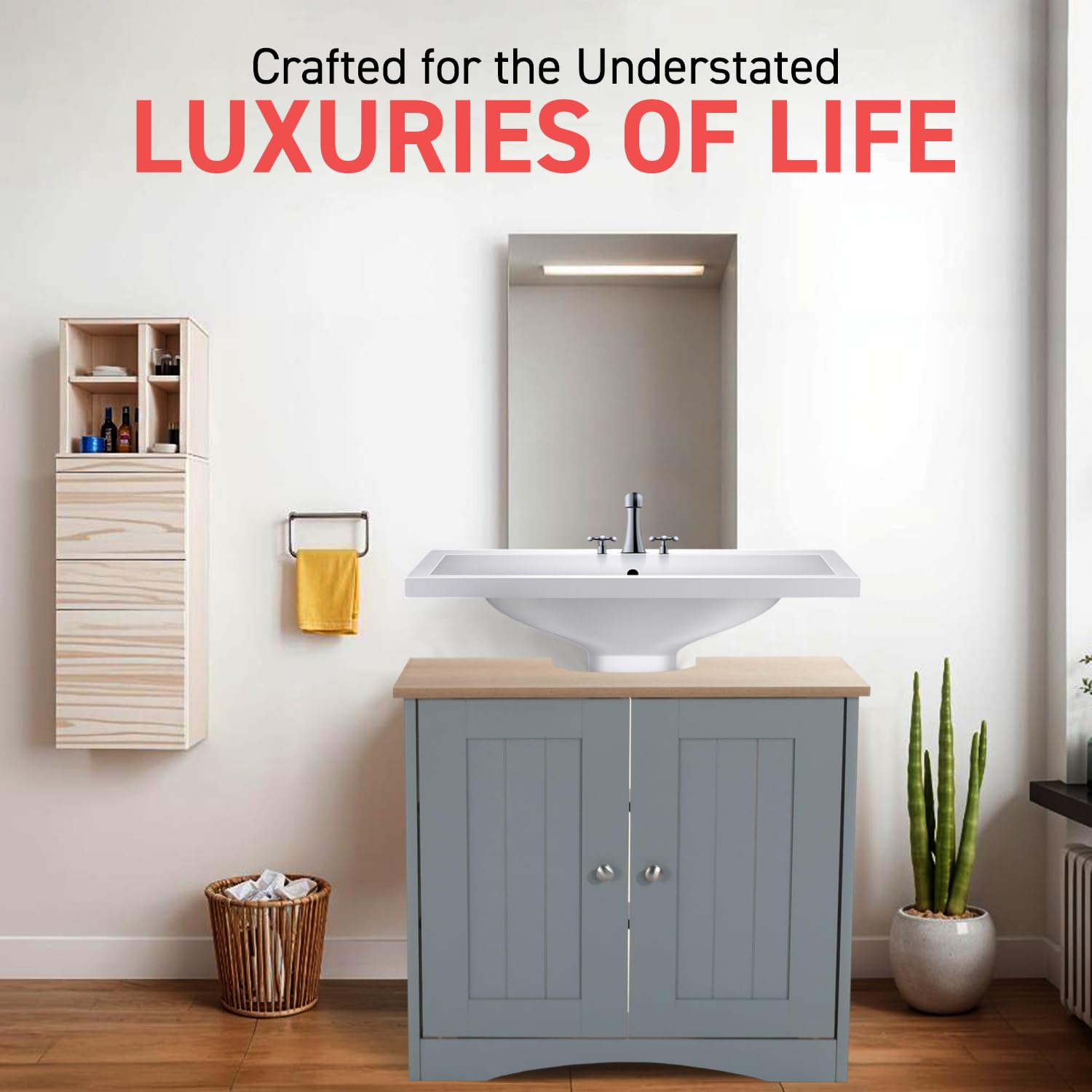 Timber Art Design UK Bathroom Sink Cabinet Bathroom Storage Cabinet Floor Under Basin with 2 Internal Shelves Freestanding Vanity Storage Cupboard