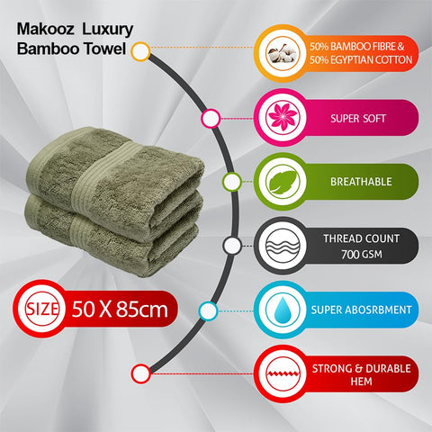 Makooz Luxurious Bamboo Hand Towels for Bathroom Pack of 2 – 700 GSM Bamboo & Egyptian Cotton 50/50 Blend -Ultra Silky Soft, Quick Dry