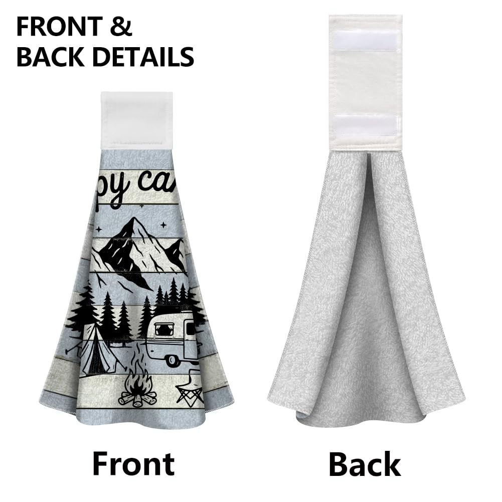 WADORN 2 Pack Camping Kitchen Hanging Towels with Loop, Happy Camper Microfiber Soft Absorbent Dish Hand Tea Towel Decorative Funny Sayings Bonfire