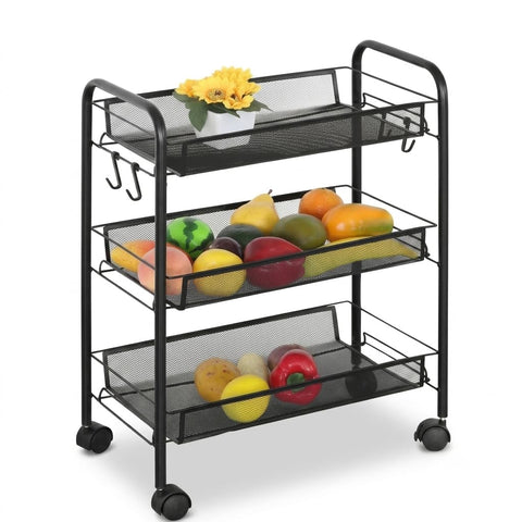 CELINO making your day 3 Tier Kitchen Storage Trolley Cart on Wheels – Metal Mesh Fruit Vegetable Basket Rack Organizer Unit with Side Hanging Hooks