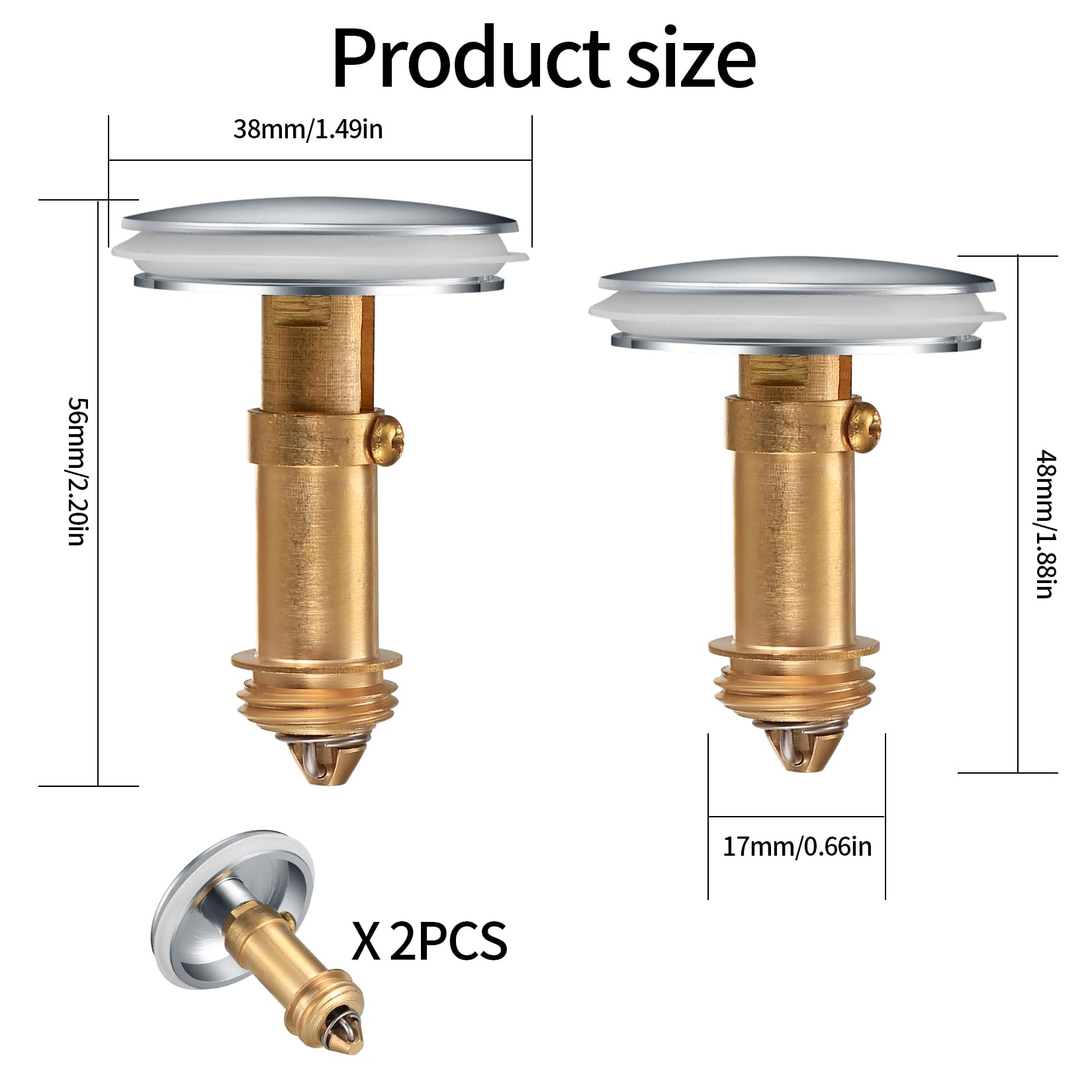 Zhujiehigh 2 Pcs Brass Click Clack Pop Up Sink Plug with Strainer, 38mm