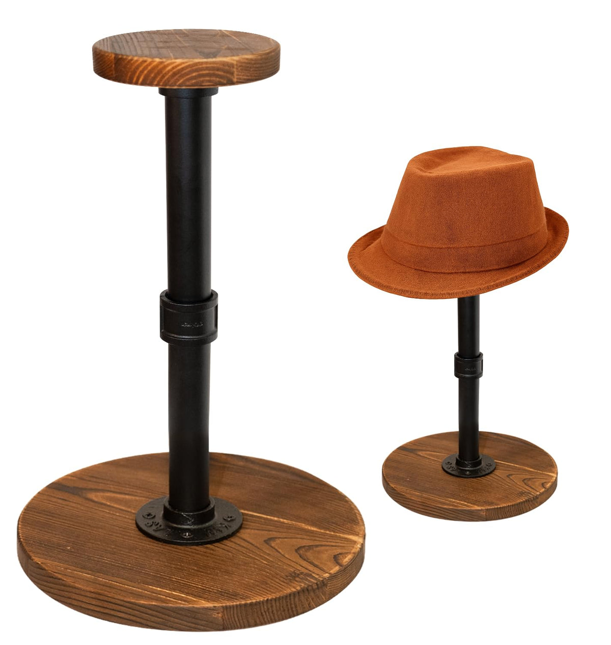 exquis Adjustable Helmet & Hat Display Stand – Rustic Wood Base with Matte Black Metal Rod, Height Adjustable 12"–17.5", Set of 1