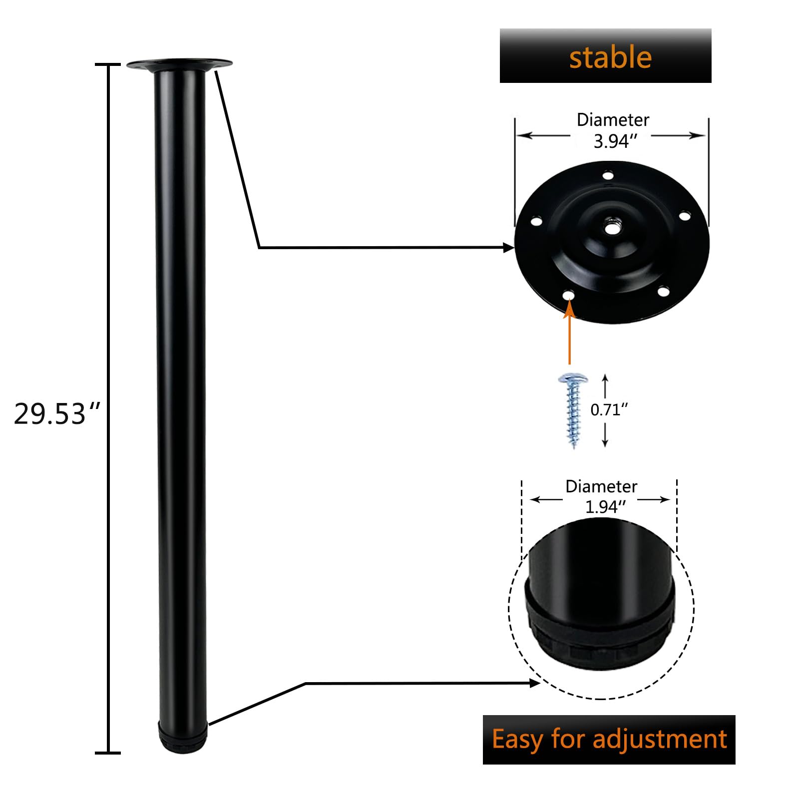 QLLY Table Legs 75cm/29.5 inch Adjustable Metal Desk Legs, 4 Pcs Furniture Legs, DIY Office Table Leg (75cm, Black)