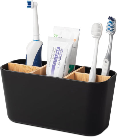 Bingobang Toothbrush Holder for Bathroom, Bamboo Electric Toothbrush and Toothpaste Holder with 5 Storage Slots
