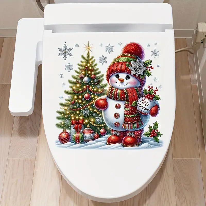 Christmas Snowman and Christmas Tree Toilet Cover Sticker Decals,Fish Bird Flower Leaf Waterproof Toilet Lid Tank Seat Decals Cistern Self-Adhesive