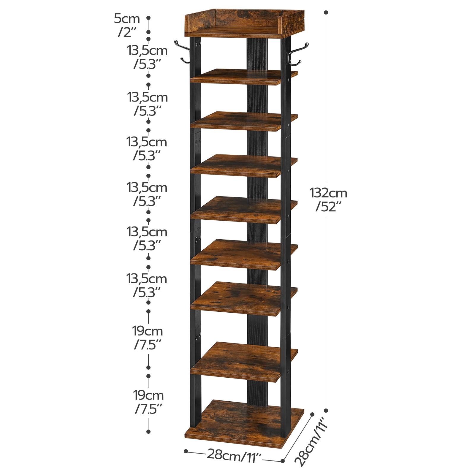 HOOBRO Narrow Shoe Rack, 9-Tier Tall Shoe Rack, Wooden Shoe Storage Organizer with 2 Hooks, Slim Shelf, Vertical Shoe Tower for Entrance, Industrial