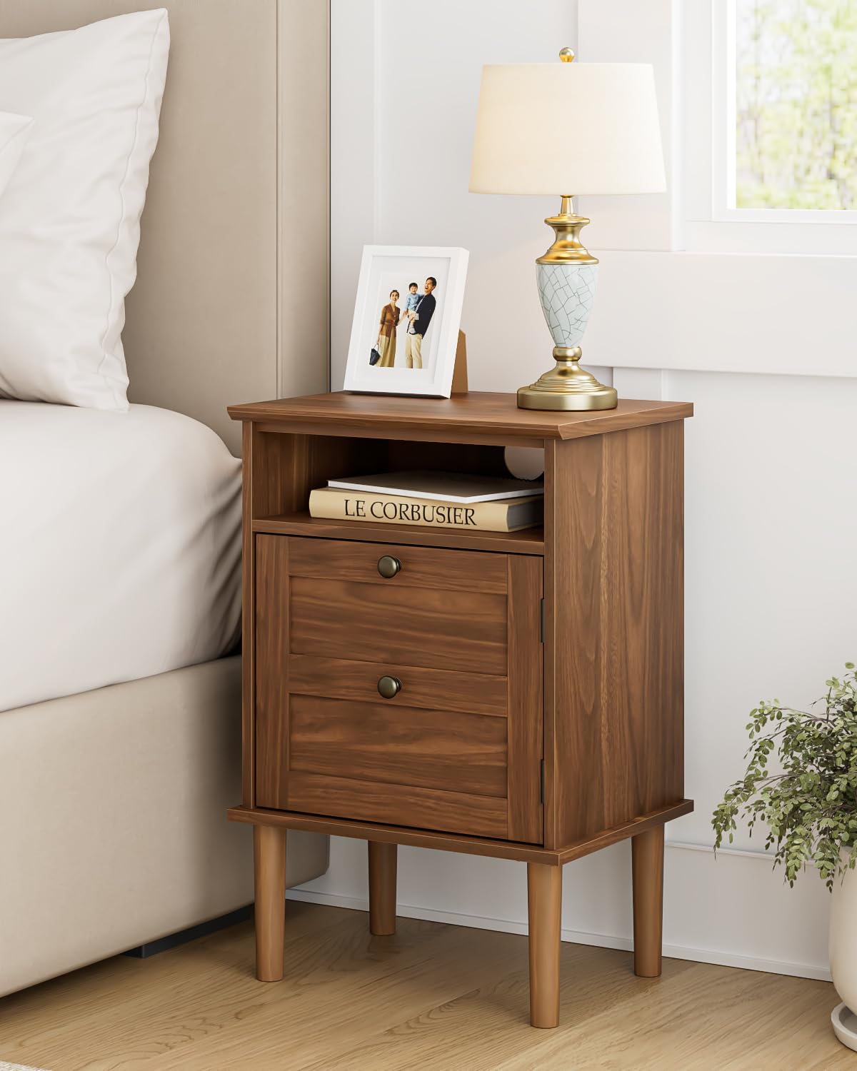 HEYZOEY Wooden Bedside Cabinet with Door & Open Top Shelf – Side Table for Bedroom & Living Room,Fits Small Space (Walnut 15.35″x 11.42″x23.5″)