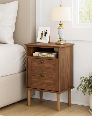 HEYZOEY Wooden Bedside Cabinet with Door & Open Top Shelf – Side Table for Bedroom & Living Room,Fits Small Space (Walnut 15.35″x 11.42″x23.5″)