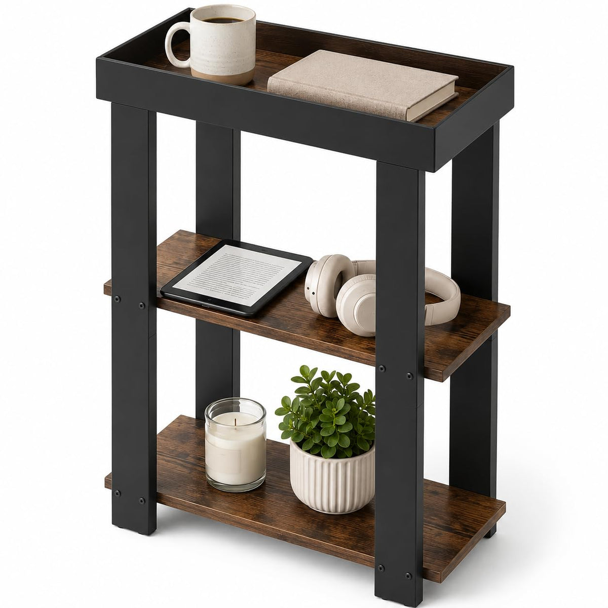 ZEXVIDA 3-Tier Narrow Side Table with Tray Top,Slim Side Table,Rustic Brown