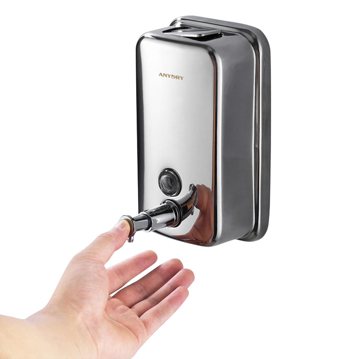 anydry Stainless Steel Wall-Mounted Manual Soap Dispenser, 500ml Capacity, Elegant Polished Design Dispenser