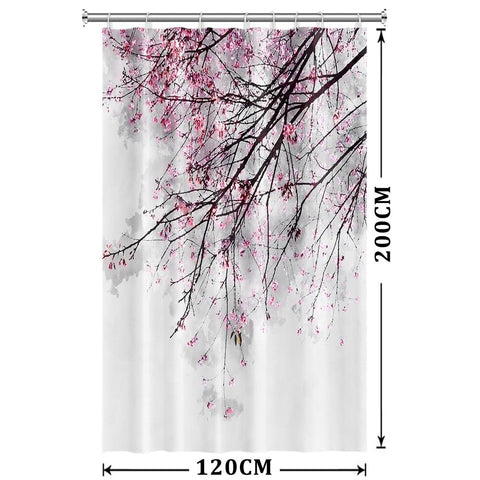 Xiaoterna Spring Shower Curtain Cherry Blossom Shower Curtain Red Plum Floral Bathroom Curtain Chinese Oriental Ink Painting Floral Shower Curtain