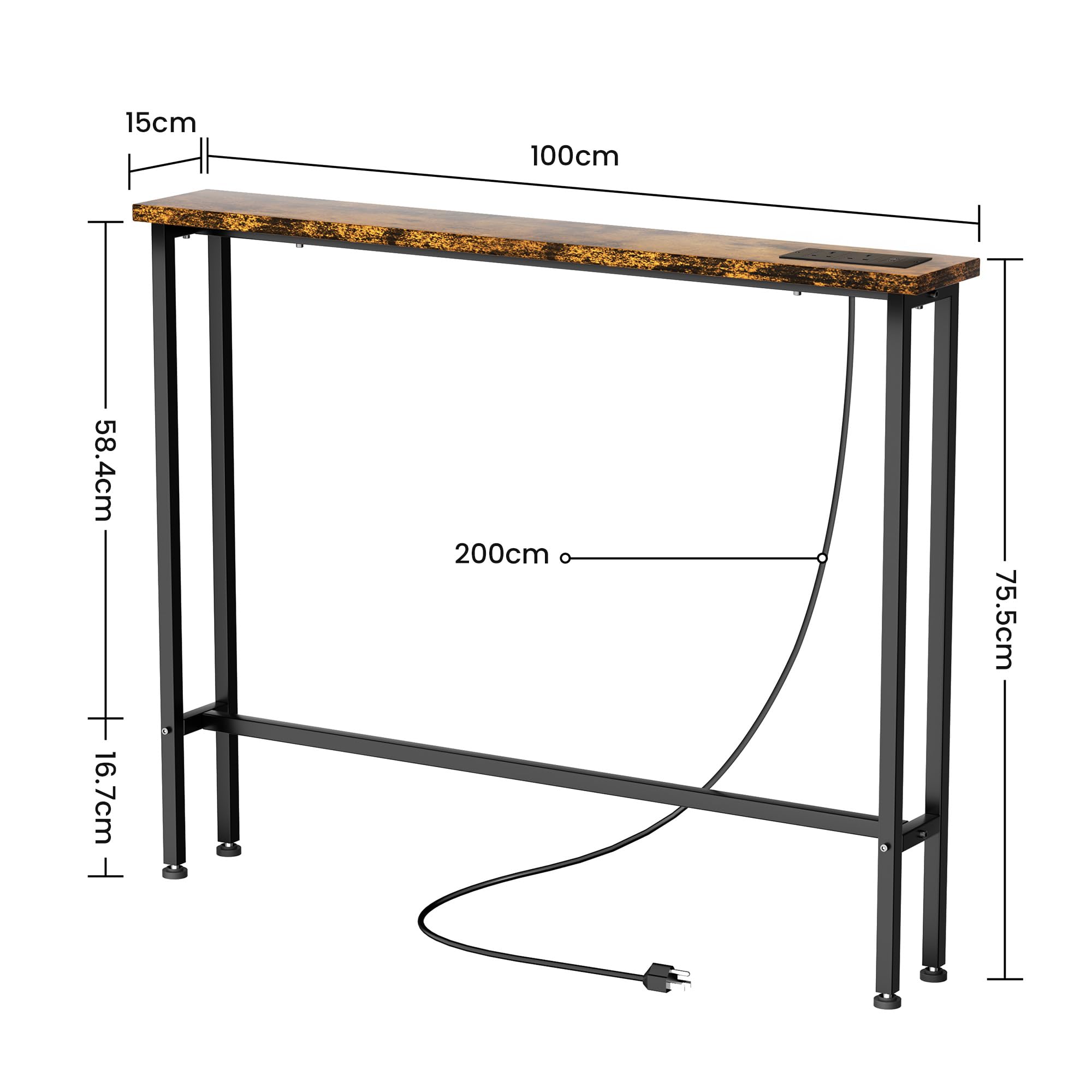 Keelian 100 cm Behind Sofa Console Table with Power Outlet Rustic Brown