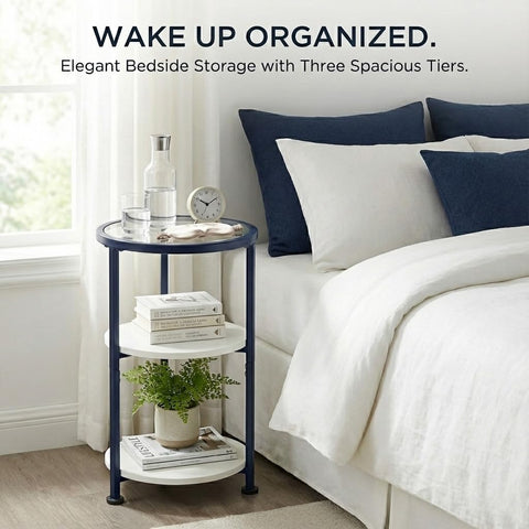 ZEXVIDA 3-Tier Round Side Table with Tempered Glass Top, Navy Blue
