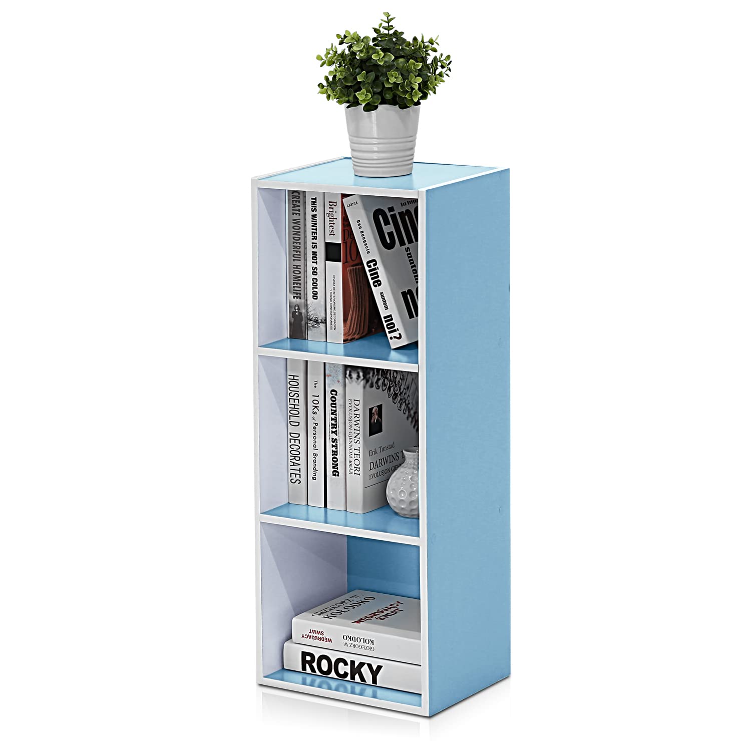 Furinno LUDER Book Shelf, 3-Cube Bookshelf, Bookcase, 9.3 x 12 x 31.5, for Living Room, Bedroom, Home Office, White/Light Blue