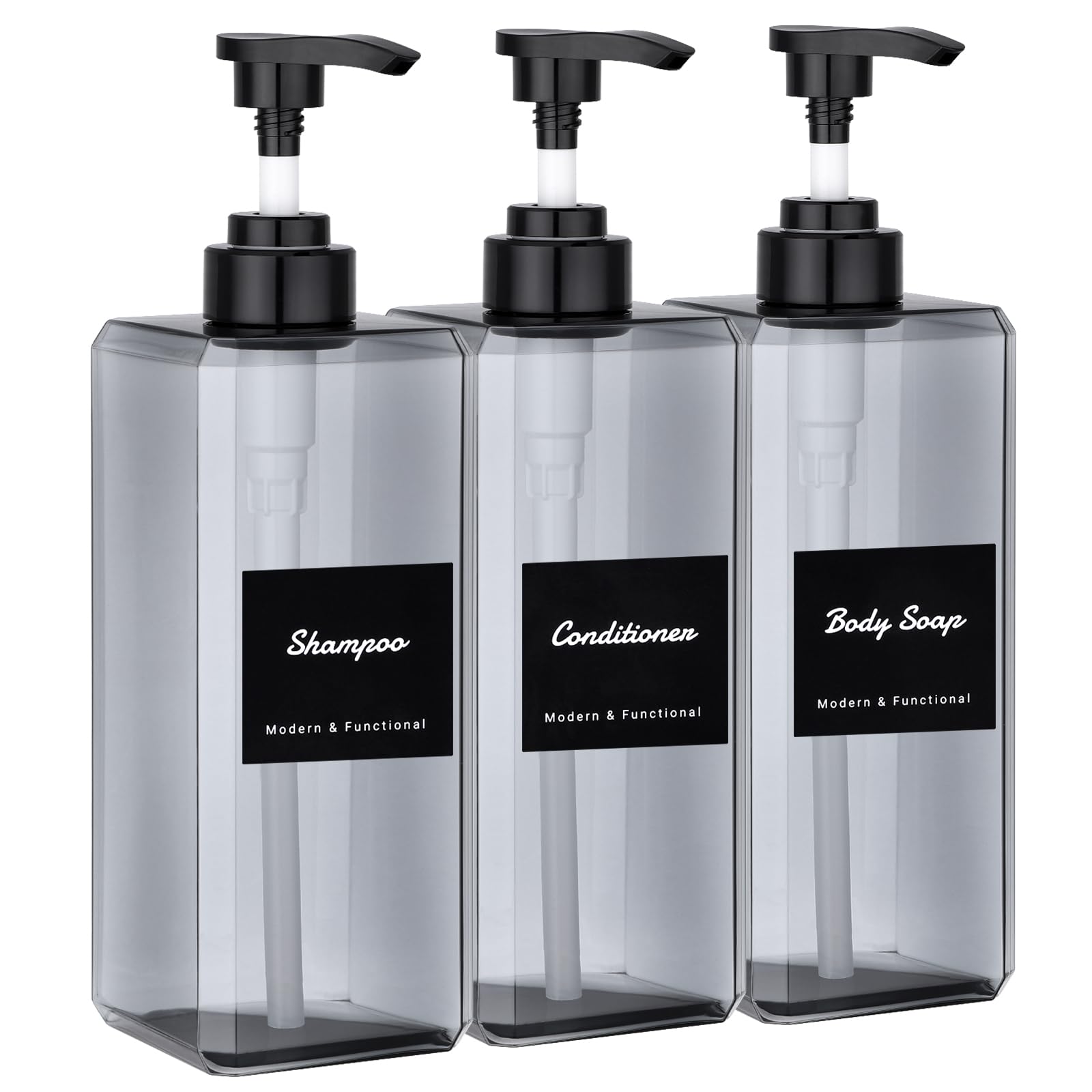 Segus Hand Wash Dispenser, 3 Pieces 800ml Grey Soap Dispenser, Refillable Shampoo Bottles with Pump, Bathroom Bottles with Labels, for Hotel, School
