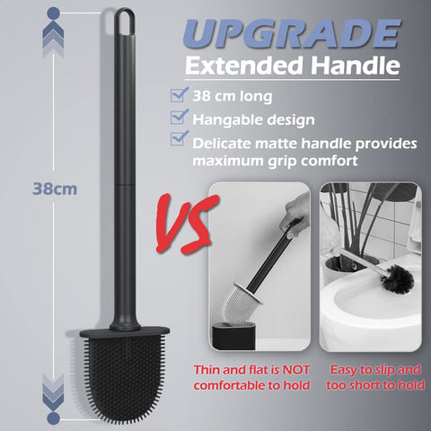 2 Pack Silicone Toilet Brush with Holder Set Flexible Bristles Black