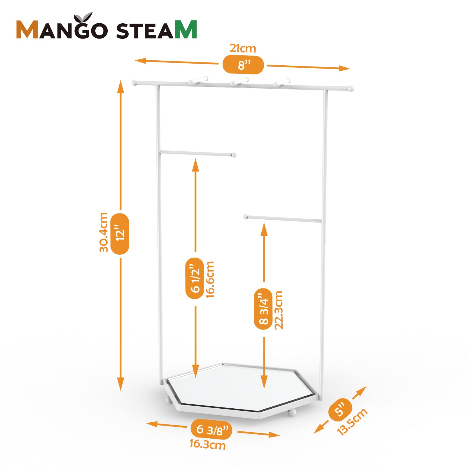 Mango Steam Tabletop Mirror Base Jewellery Tower/Display Stand for Bracelets, Necklaces, Hoop Earrings, Rings (Hexagon, White)