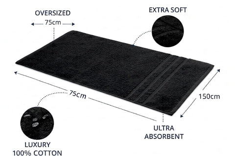 Opel Tex Pack of 2 Jumbo Bath Sheets 100% Cotton (75 x 150 cm -500GSM) Super Soft Absorbent & Quick Dry Hotel Quality Large Towels (Black)