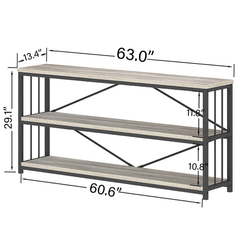 IBF Low Long Horizontal Bookshelf, Industrial Modern 3 Tier Etagere Bookcase, Large Wide Open Rustic Metal and Wood Grey Book Shelf for Bedroom