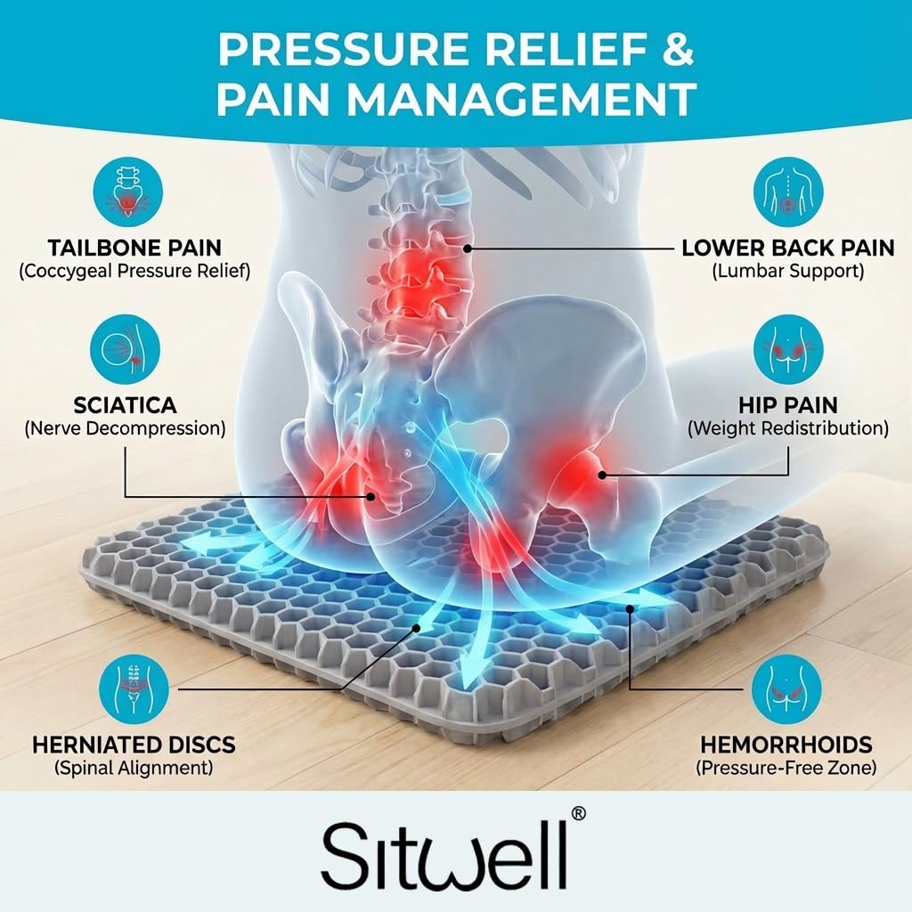 Sitwell Honeycomb Gel Seat Cushion, Cooling Pressure Relief Pad for Coccyx, Tailbone & Sciatica, Office Chair