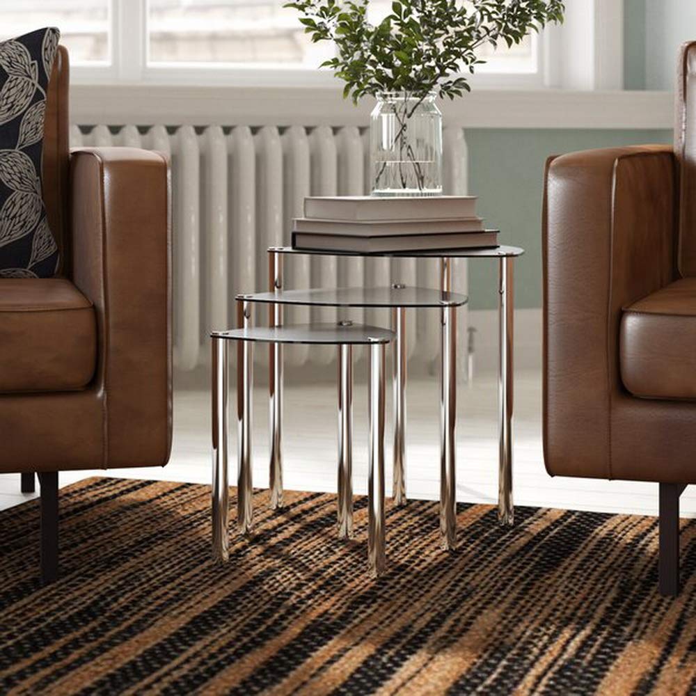 ASPECT Arena Set of 3 Nesting END Side Table-Clear Glass,Chrome Legs, 48x48x46 cm