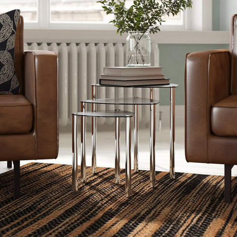 ASPECT Arena Set of 3 Nesting END Side Table-Clear Glass,Chrome Legs, 48x48x46 cm