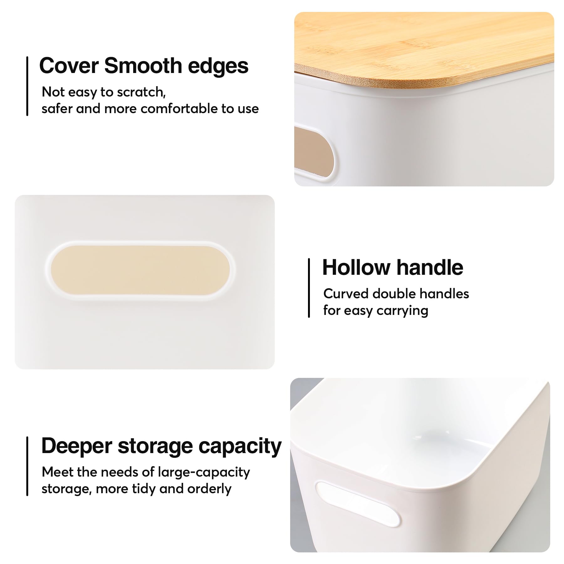 MaxEarn 4Pcs 7L Plastic Storage Boxes with Wood Lids & Handle, 26x18x15cm