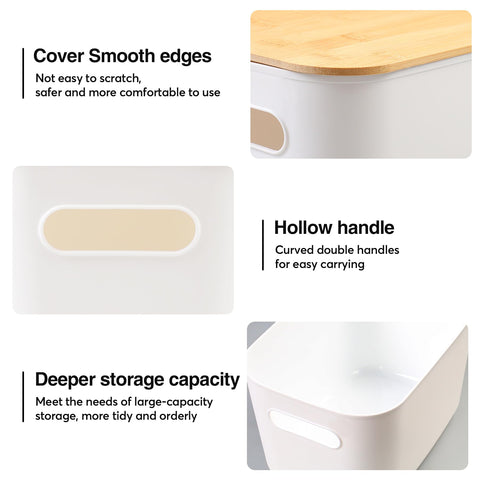 MaxEarn 4Pcs 7L Plastic Storage Boxes with Wood Lids & Handle, 26x18x15cm