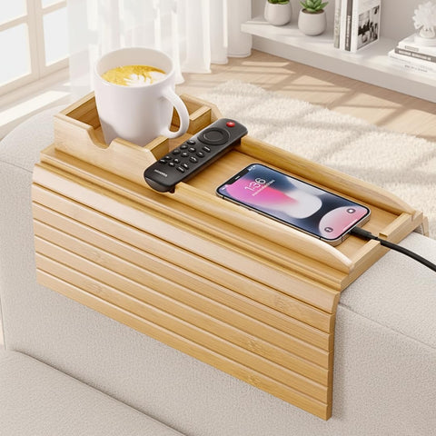 Hazzas Bamboo Couch Armrest Table, Sofa Arm Tray with Detachable Couch Cup Holder - 2 in 1 Anti-Slip Foldable Sofa Armchair Caddy Table