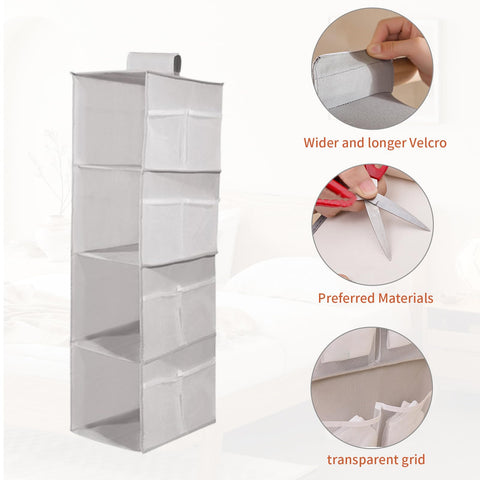 DQZSY Pack of 2 Hanging Shelves Wardrobe, 4 Compartments Hanging Organiser Cupboard, with 12 Mesh Side Pockets for Family Cupboard, Bedroom