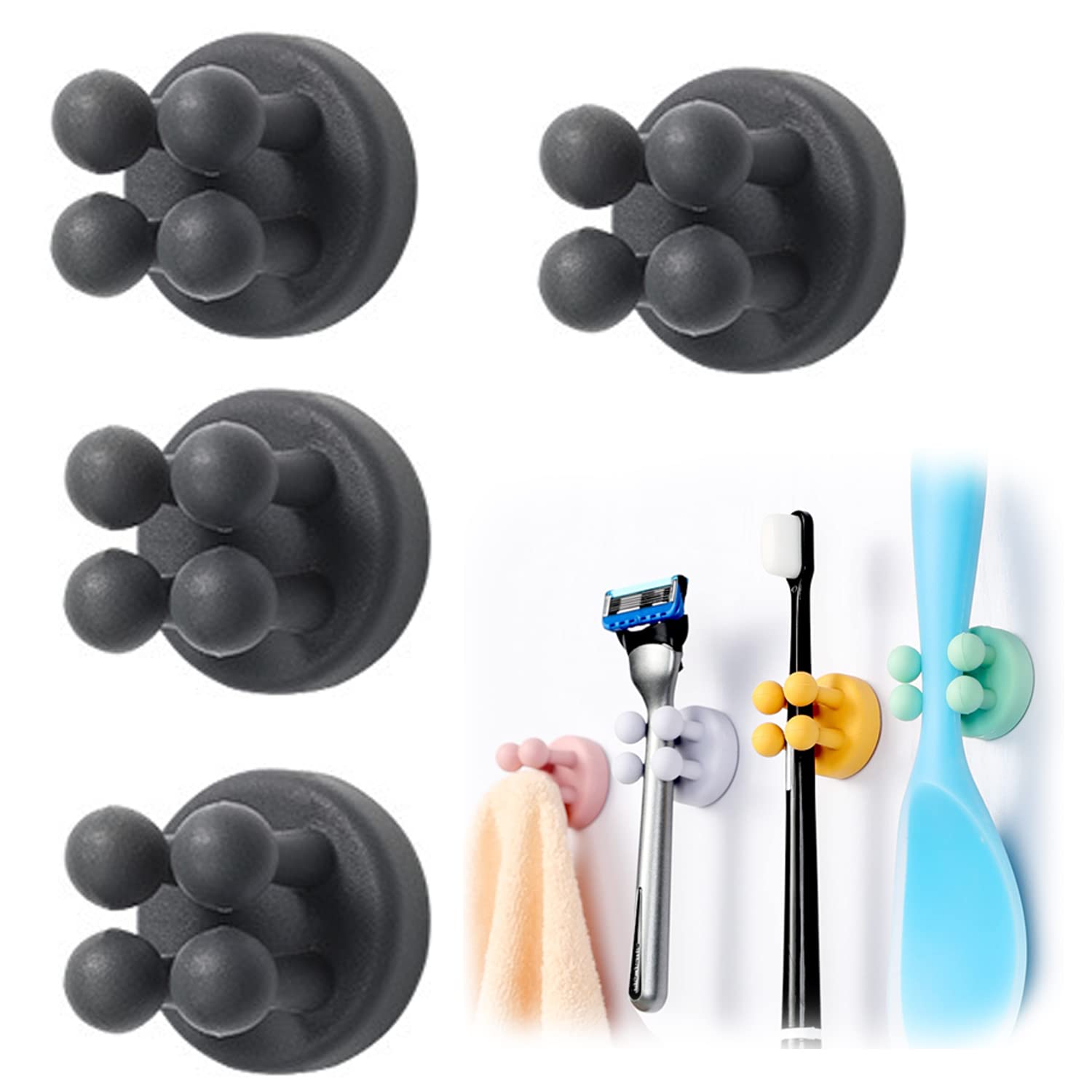 WUBAYI 4 pcs Silicone Toothbrush Holder Multi-Function Hook Waterproof self Adhesive Single Toothbrush Hook Plug Holder for Wall for Hanging Bathroom