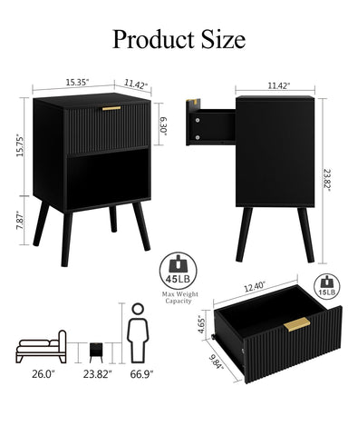 Apetaccat Bedside Table, Nightstand with Drawer and Storage Shelf, Black