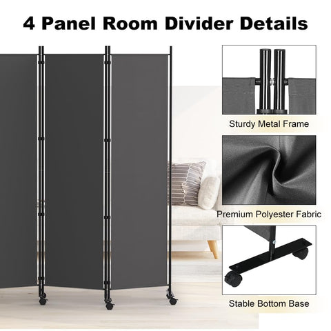 HIDODO 4 Panel Room Divider Folding Privacy Screen, Freestanding Room Partition with Lockable Wheels, Portable Wall Divider for Room Separation