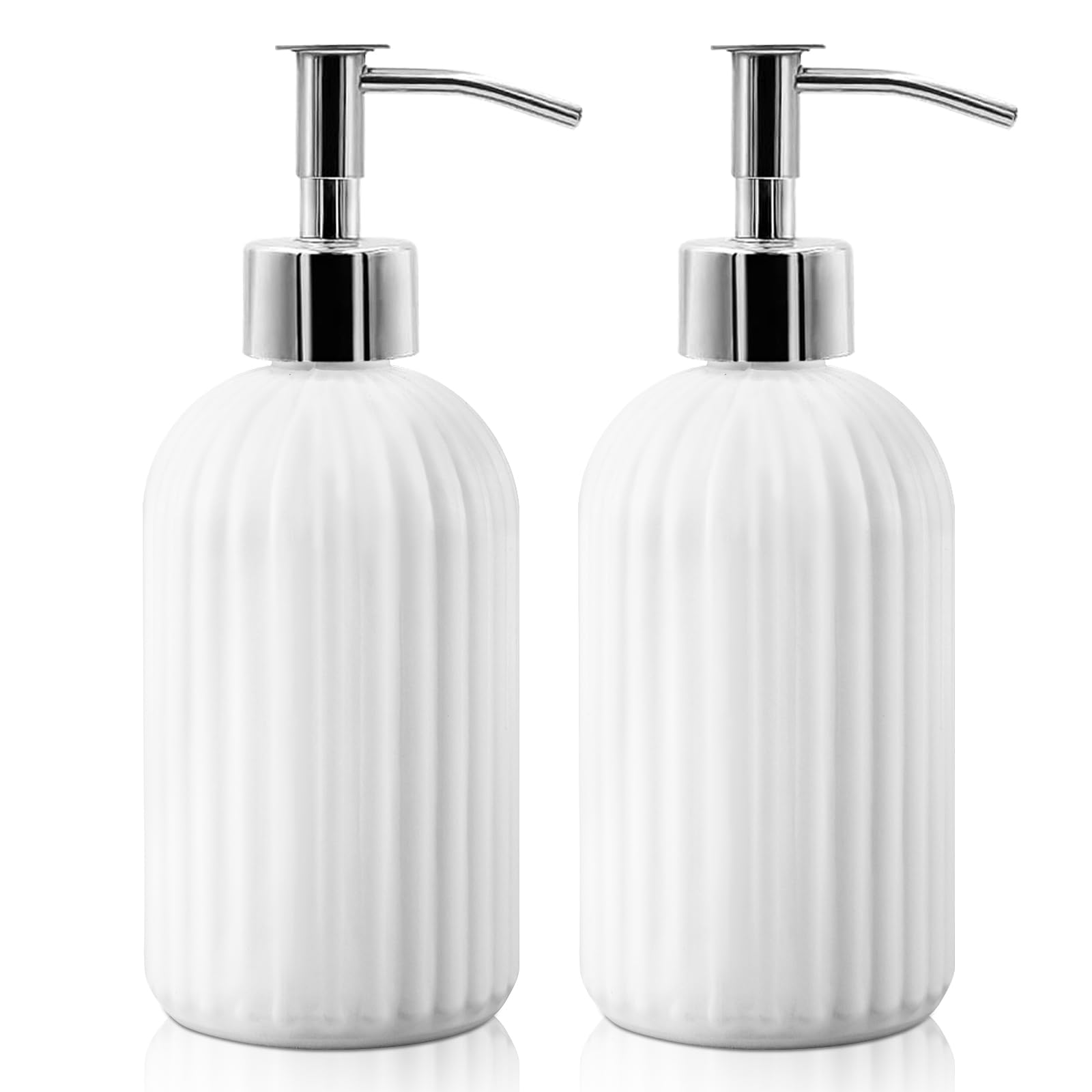 2 Pack Glass Soap Dispenser Bottle with Pump, 14 Oz Refillable Liquid Hand Jar Dispenser for Bathroom, Countertop, Kitchen, Laundry Room (White)
