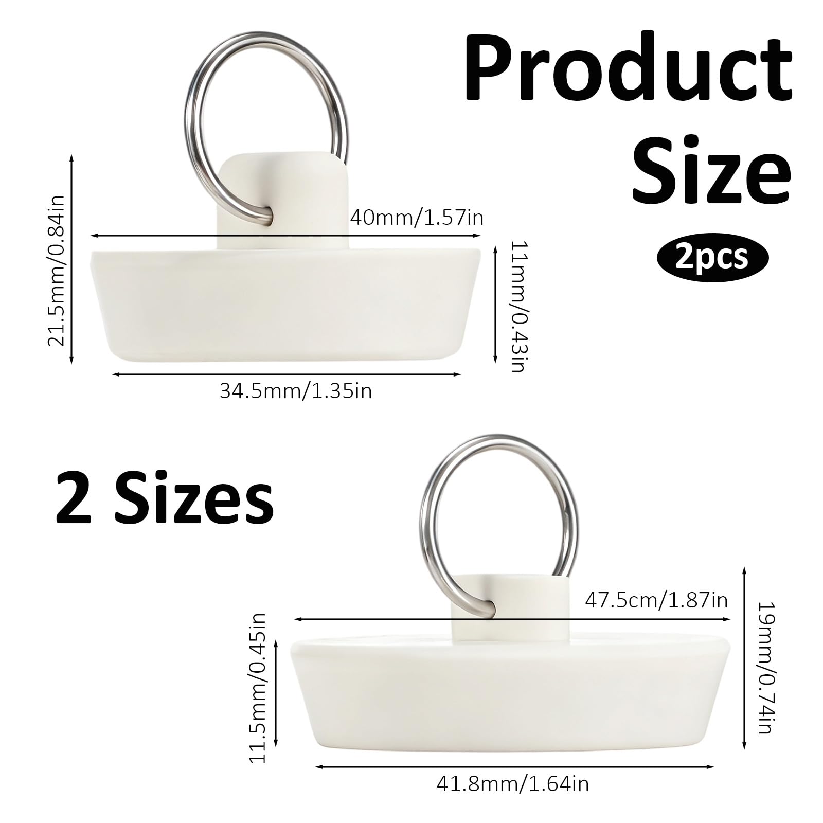 2 Pack Rubber Bath Plug, Universal 1-3/4"(41.8-47.5 mm) and 1-3/8" (34.5-40 mm) White Bathroom Sink Drain Tub Stoppers with Hanging Ring for Bathtub