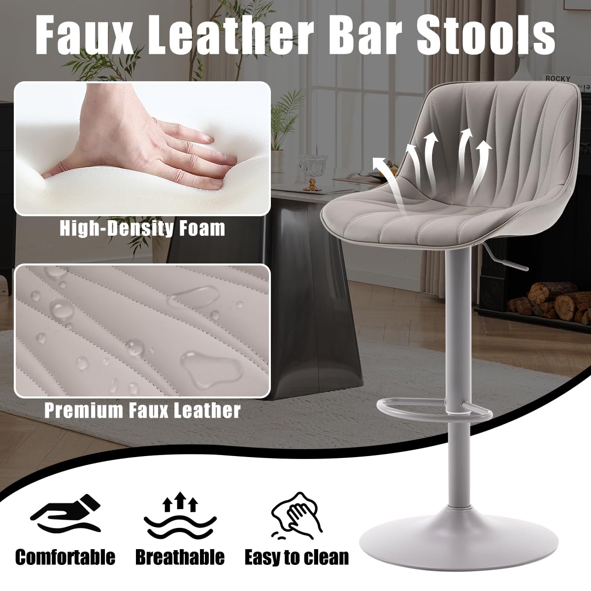 YOUNIKE Bar Stools Set of 2, Modern Upholstered Faux Leather Barstools with Back, Swivel Tall Adjustable Counter Height Bar Chairs, Entirely Gray