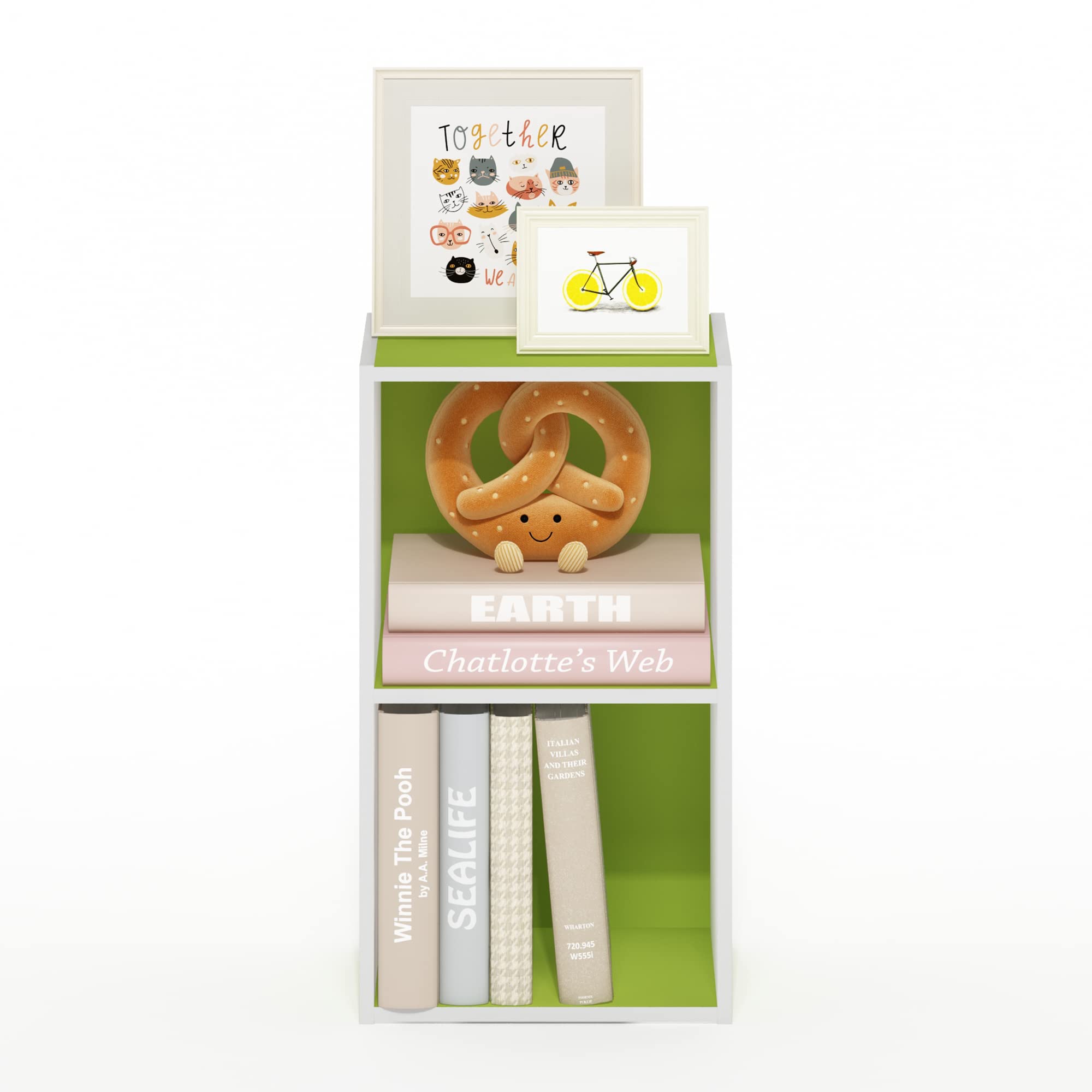 Furinno PASIR Book Shelf, 2-Tier Modern Bookshelf, Open Shelves Bookcase 9 x 12 x 21, for Living Room, Bedroom, Home Office, Green/White
