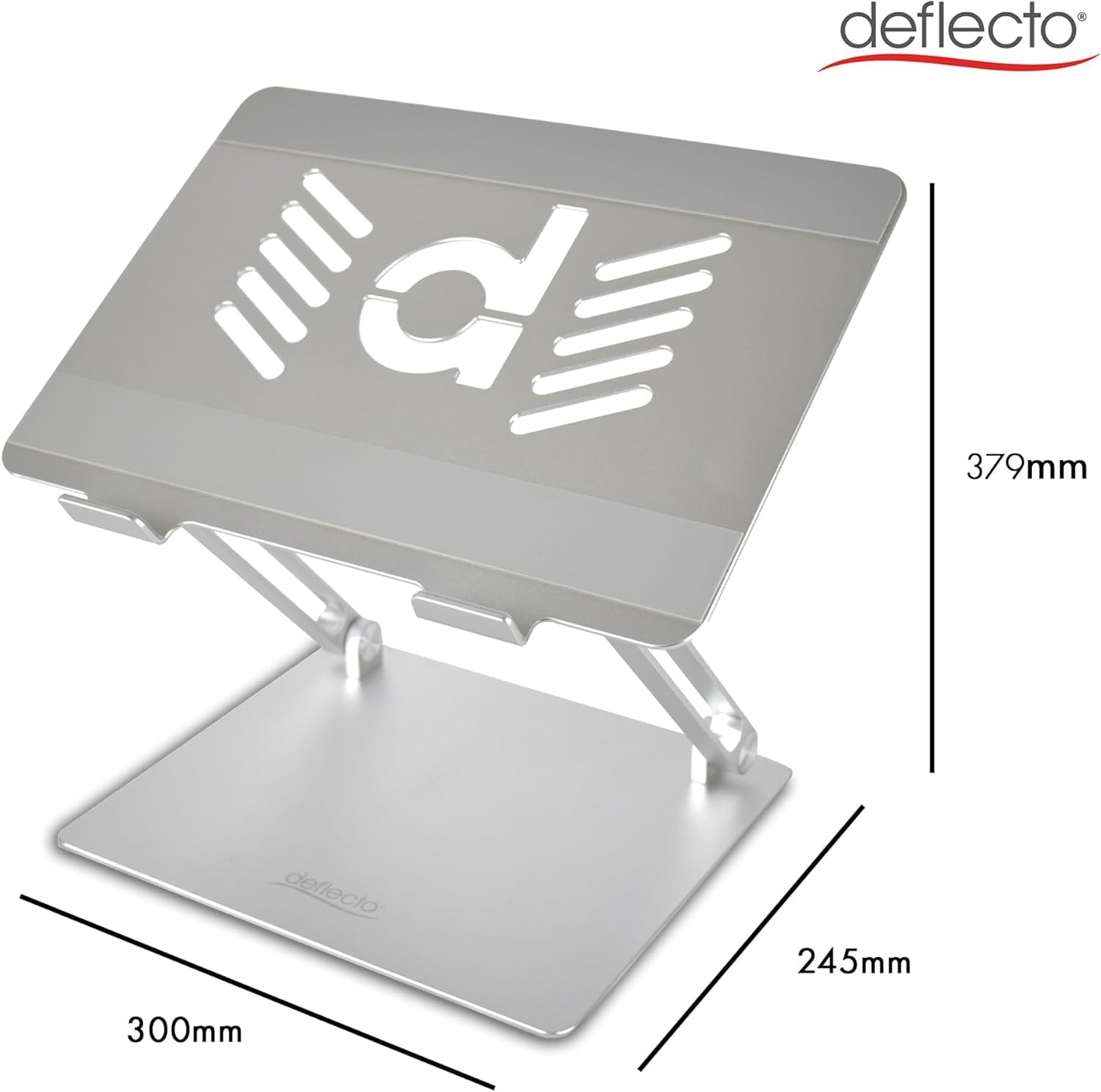 Deflecto Folding Adjustable Height Aluminium Laptop Stand Design' Vented Platform suitable for Laptops up to 17" in Silver