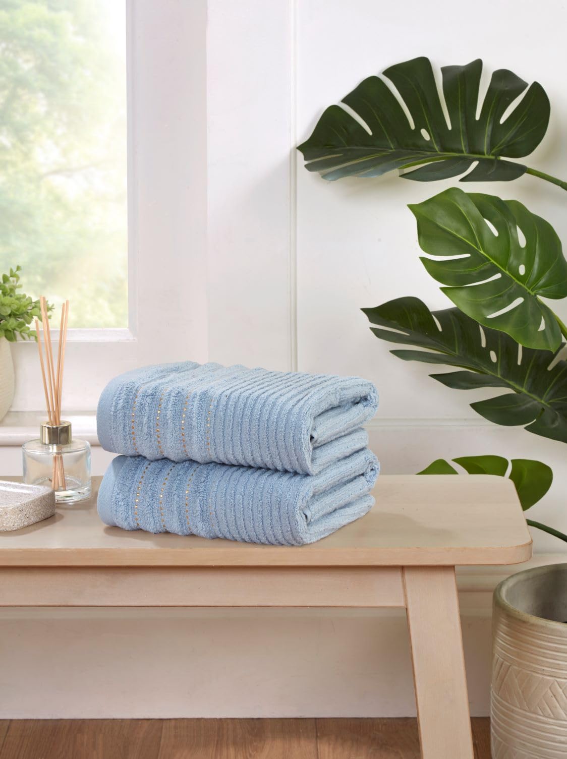 Rapport Home 2-Pack Linear Hand Towels | 50x85cm 100% Cotton 500GSM | Absorbent & Soft Bathroom Towel Set | Oeko-Tex Certified | Sky Blue