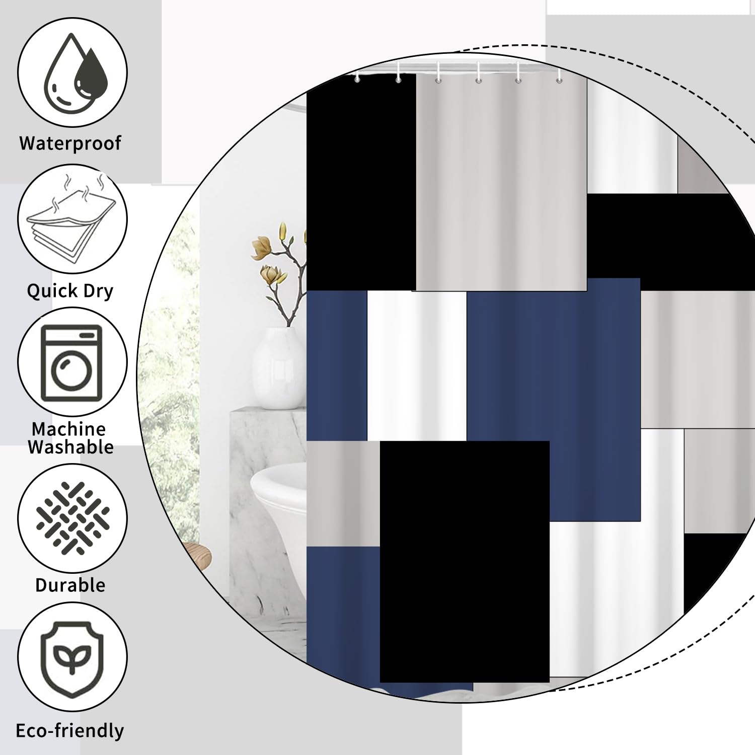 GCIREC Shower Curtain, 180x200cm, Blue Black Grey Modern Minimalist Geometric Square Checkered Waterproof Fabric Machine Washable Bathroom Curtain