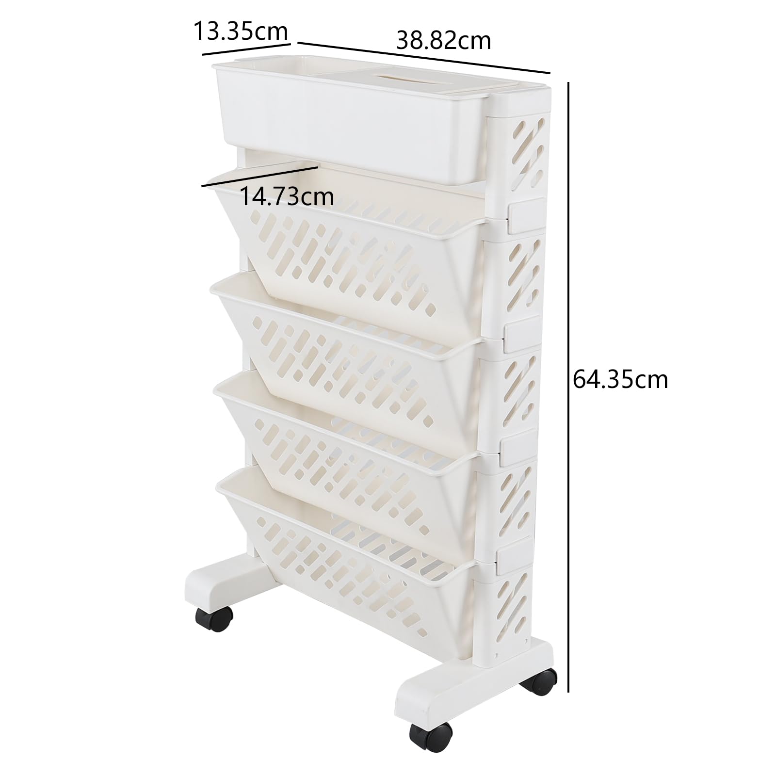 Aninhao Plastic Rolling Bookshelf, 5-Tier Small Movable Bookcase with Wheels, White