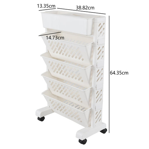 Aninhao Plastic Rolling Bookshelf, 5-Tier Small Movable Bookcase with Wheels, White