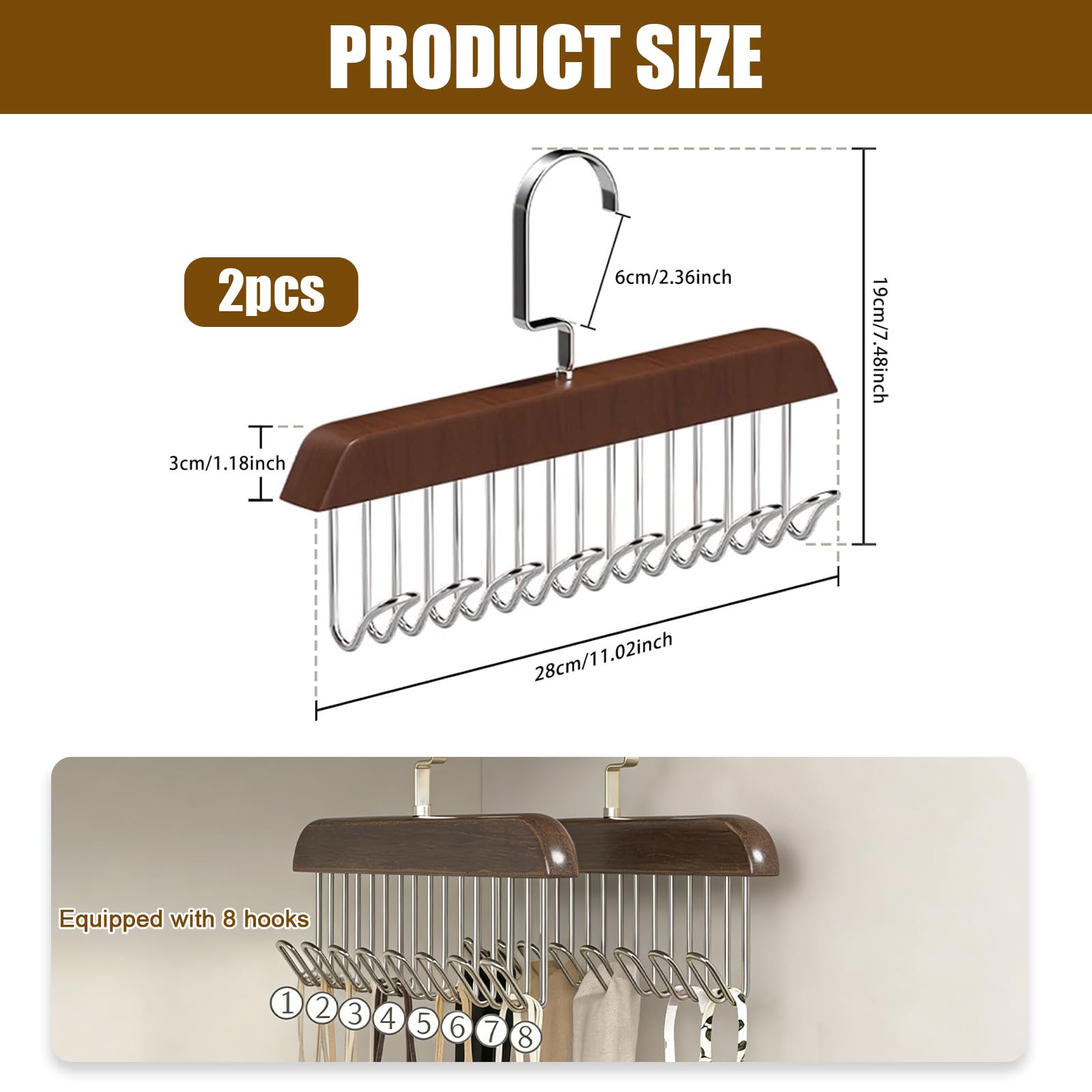 2Pcs Belt Hanger for Closet, Belt Hanger for Wardrobe, Wooden Belt Organizer with 8 Hooks Space Saving Tie Rack Wooden Sturdy 8 Hook Belts Holder for