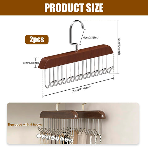 2Pcs Belt Hanger for Closet, Belt Hanger for Wardrobe, Wooden Belt Organizer with 8 Hooks Space Saving Tie Rack Wooden Sturdy 8 Hook Belts Holder for