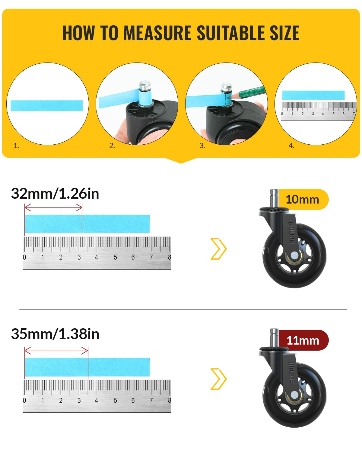 HOLKIE Office Chair Wheels 11x22mm Black Replacement Desk Chair Wheels for Hard Floor Casters Set of 5 Heavy Duty Wheel Replacement for Computer