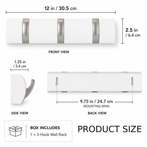 Terilamy Coat Hooks Wall Mounted, Self-Adhesive White Coat Hooks, Foldable Wall Hook with 3 Hooks, Space-Saving Coat Hanger