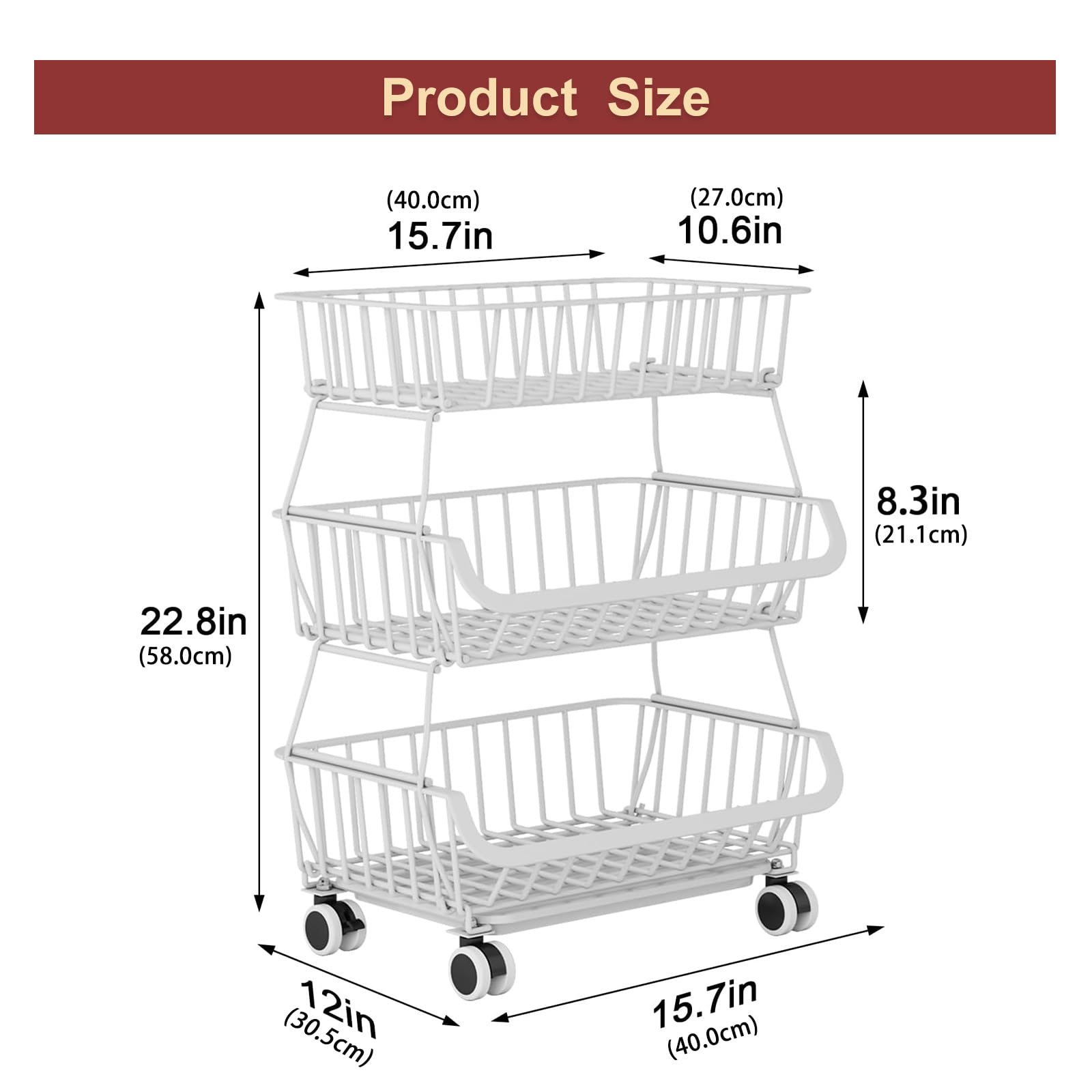 Miyawell 3-Tier Rolling Pantry Cart with Wheels, Stackable Wire Storage Floor Organizer for Kitchen Pantry Snack Shelves, Fruit Basket Stand